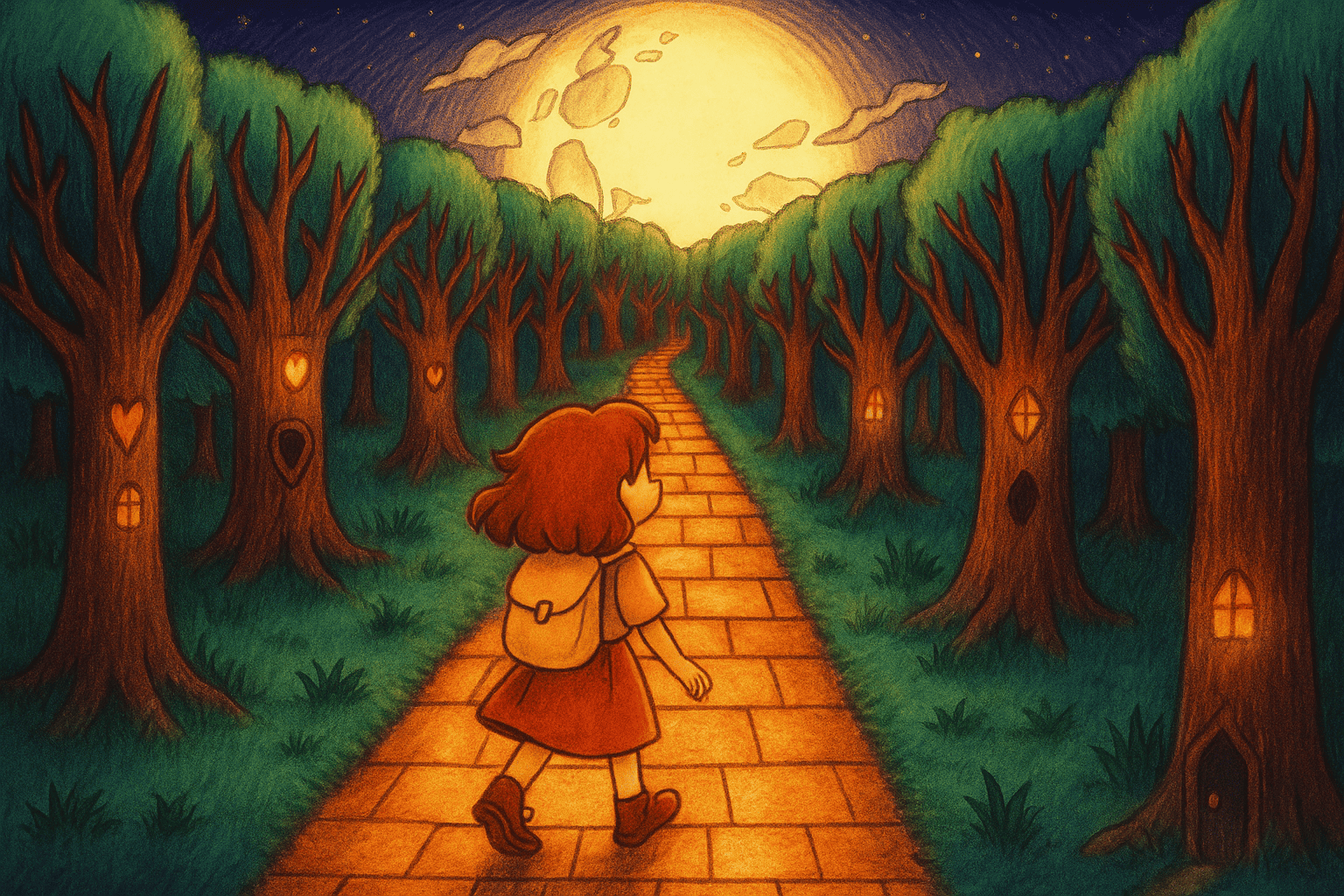A young girl walks along a dark path in the forest