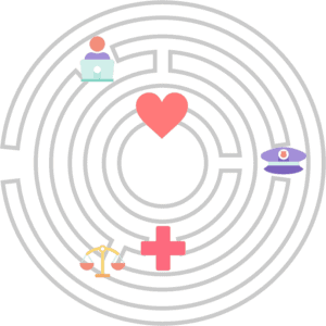 Graphic with the Susie's Place logo inside a maze disconnected from various icons indicating services.