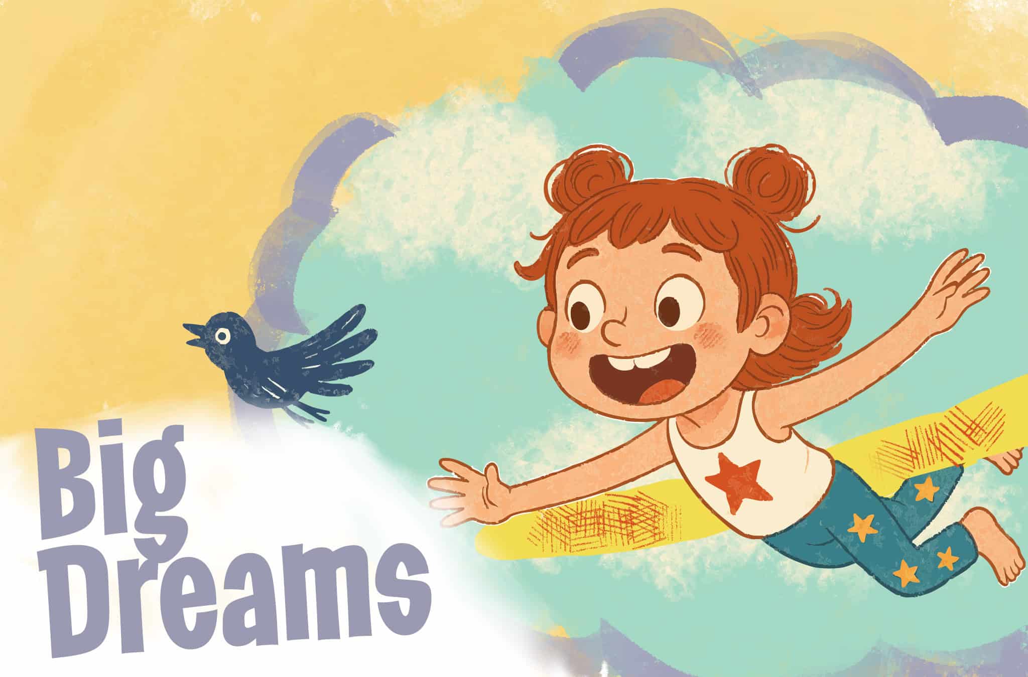 A young girl imagines herself with wings chasing a blue bird in the sky.