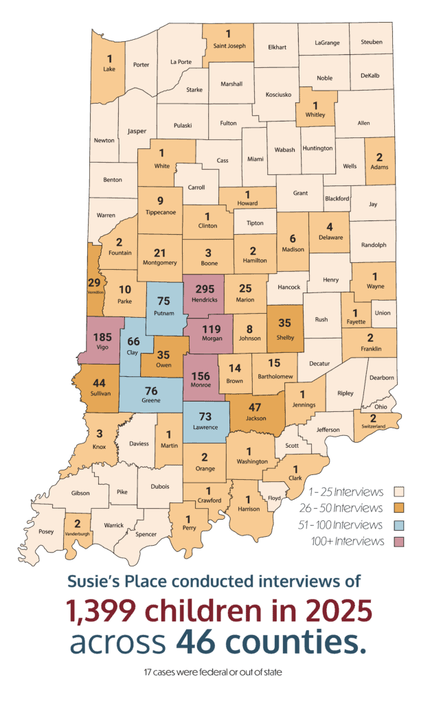 A map of Indiana indicating cases by county served at a Susie's Place Center in 2025.